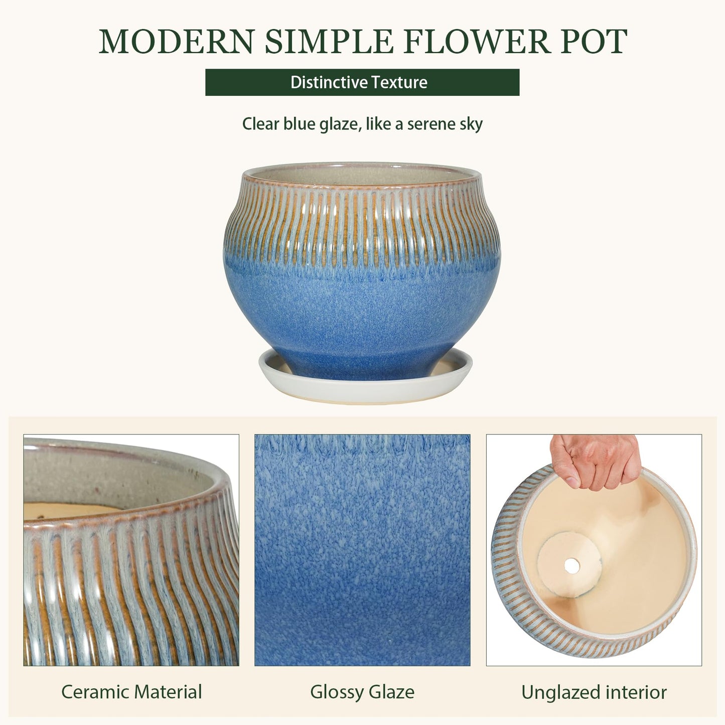 SAFIOROIS 10.6 Inch Modern Ceramic Plant Pot with Drainage Hole and Mesh Net, Indoor Outdoor Planter with Saucer & Gardening Glove, Pots for Succulents, Flowers, Large Plants, Blue