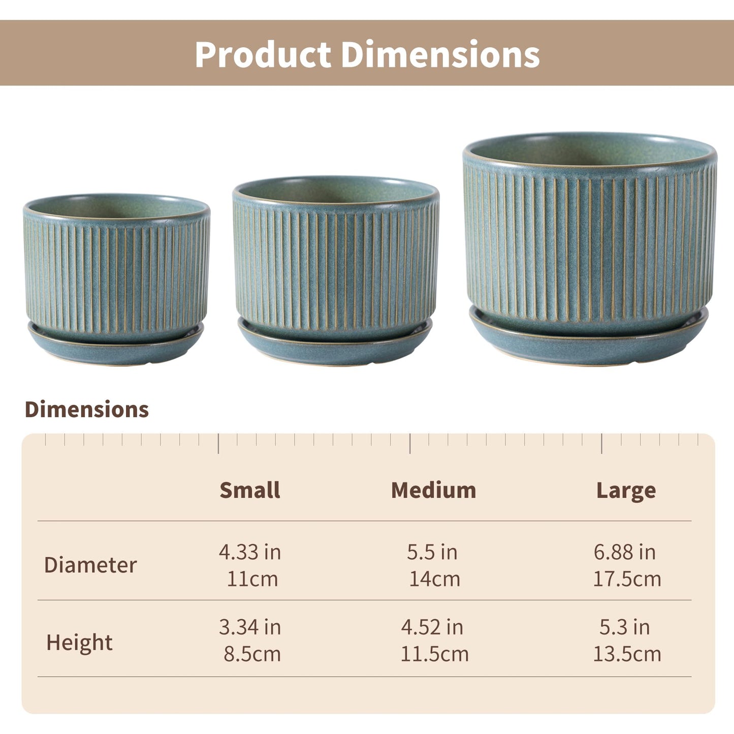SURE YUESI Green Ceramic Plant Pots Set of 3 (4.3”+5.5”+6.7”), Indoor Striped Planters with Drainage Hole, Mesh Pads, Decorative Pots for Plants & Gardening