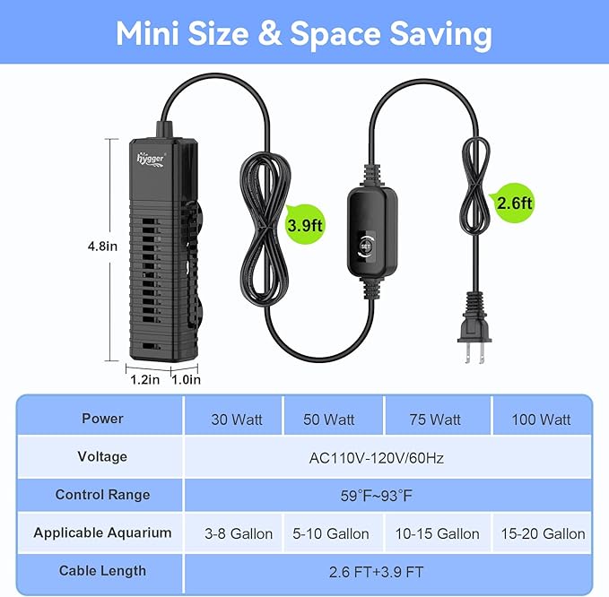 hygger Nano Submersible Aquarium Heater for 5-10 Gallon Betta Fish Tank Heater with Digital Display, Adjustable Temperature Controller 50Watt