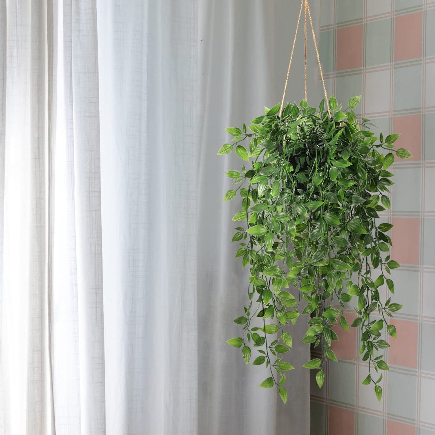 Fake Hanging Plants Indoor - 2 Pack Faux Greenery Plant for Home Decor Artificial Potted Vines with Black Plastic Planter for Bedroom Living Room Garden Front Porch Table Shelf Wall Decoration