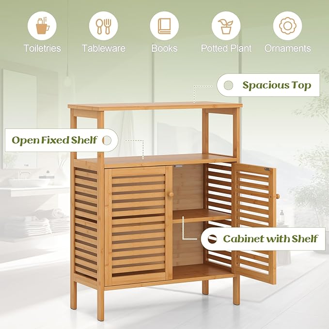 Tangkula Bamboo Floor Cabinet, Bathroom Storage Cabinet