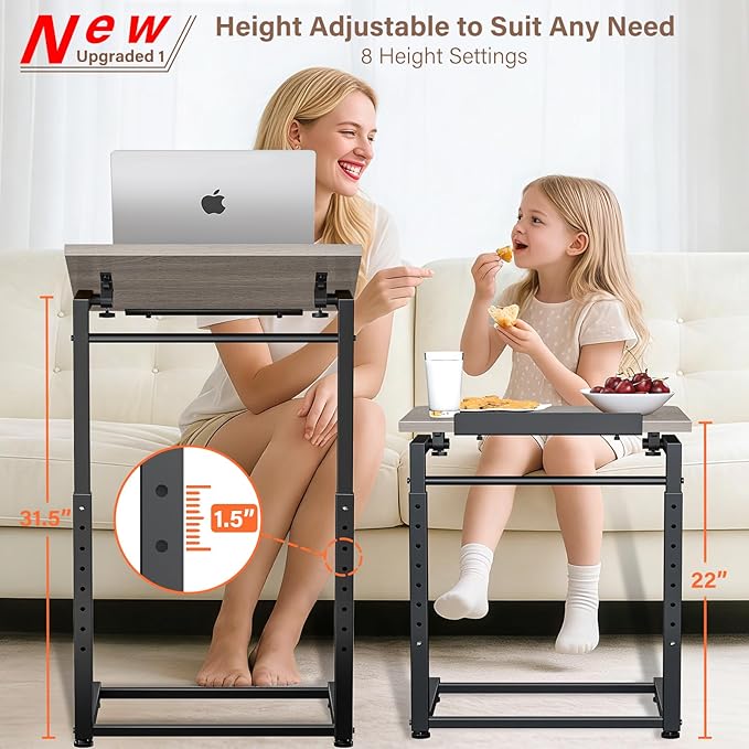 Tv Tray Table, 8-Level Adjustable Height Couch Side Table，90° Tilt Angle