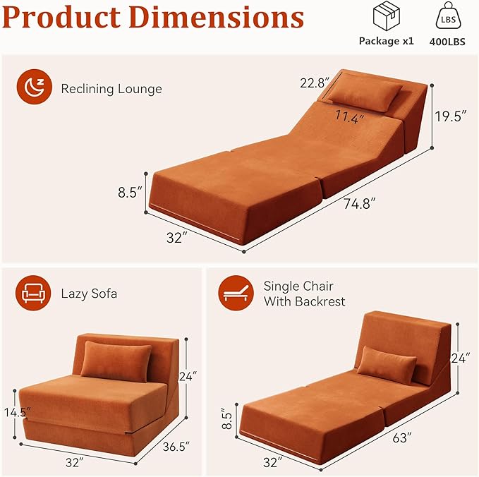 Fold Out Chair Bed, Folding Sofa Bed, 3 in 1 Convertible Sleeper Chair Bed
