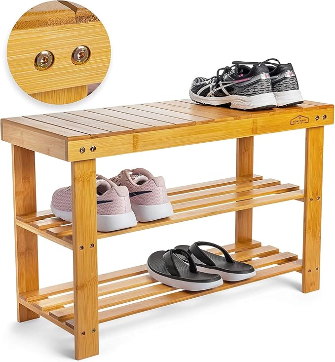 Purawood Bamboo 3 Tier Shoe Rack Bench, Premium Shoe Organizer or Entryway Bench