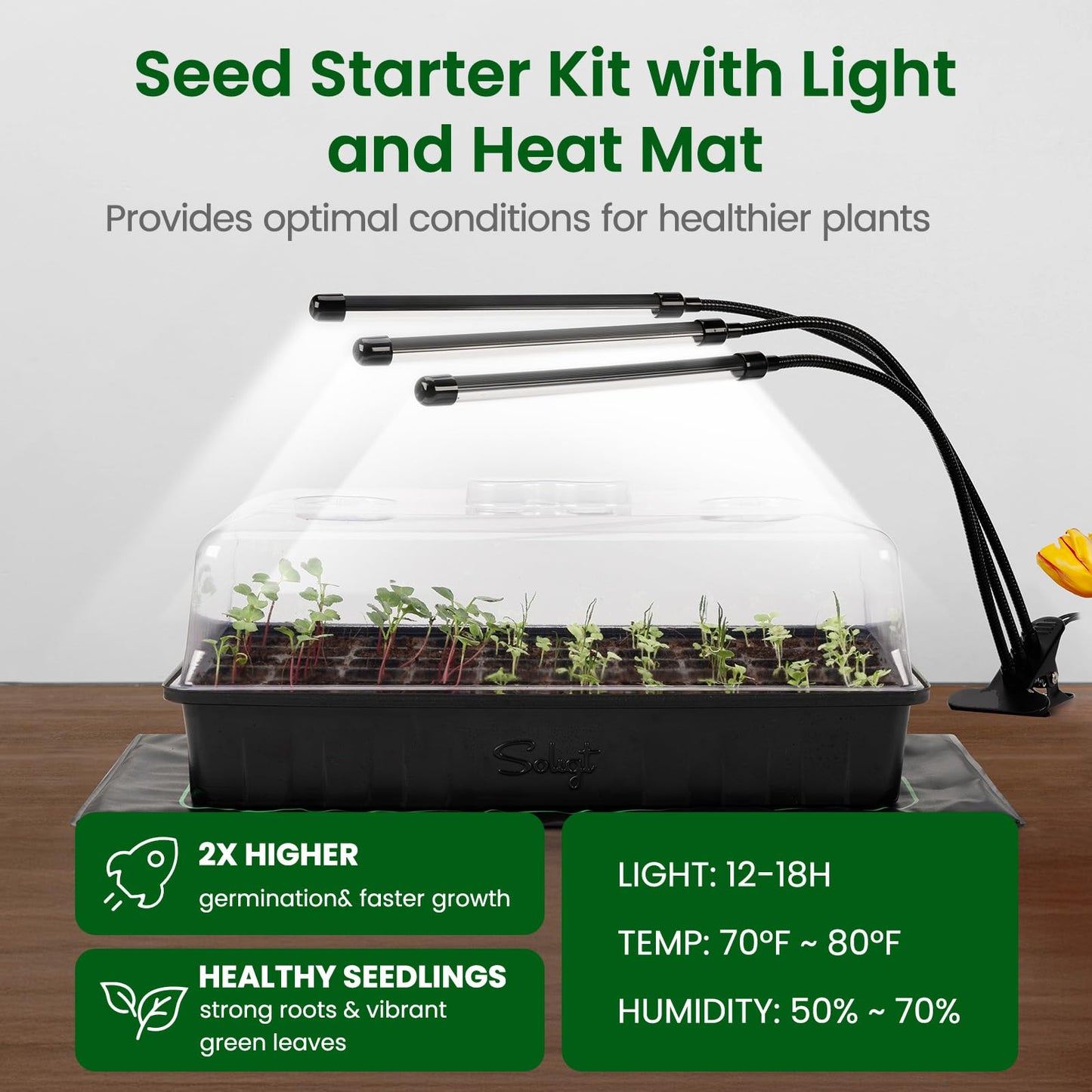 SOLIGT 60 Cell Seed Starter Kit with Grow Light and Heat Mat, Seed Starter Tray with Higher 4.3” Humidity Dome, Flexible Light Positioning for Seed Starting & Seedling Growth