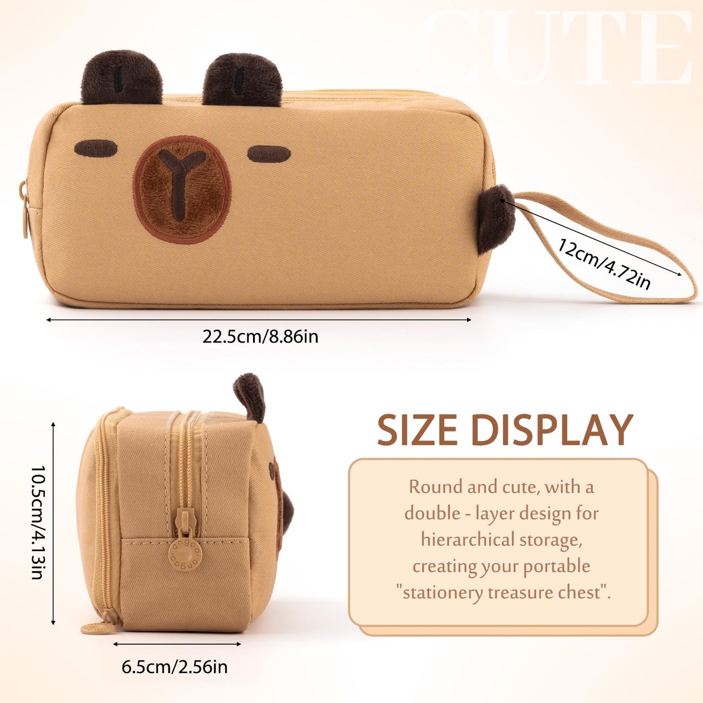 CICIMELON Cartoon Pencil Case, Large Capacity Pen Pouch with Embroidered Animal Design, School Supplies Bag for Kids, Teens, Students (Brown Capybara)