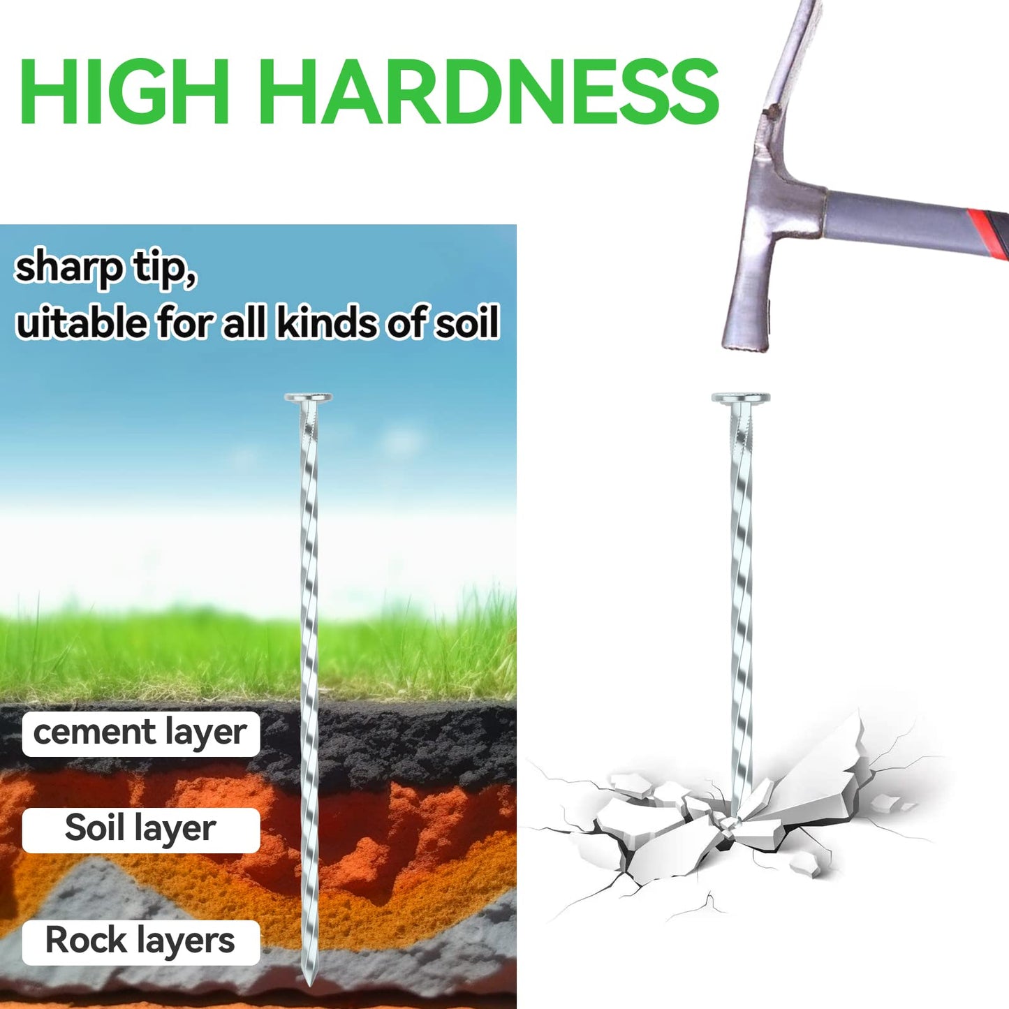 EISENSP 200 Pack Landscape Stakes with Gasket Caps - 6.3 Inch Heavy-Duty Galvanized Steel Garden Spikes are Used to Fixing Weed Barrier, Artificial Lawn, Patio Rug, Etc