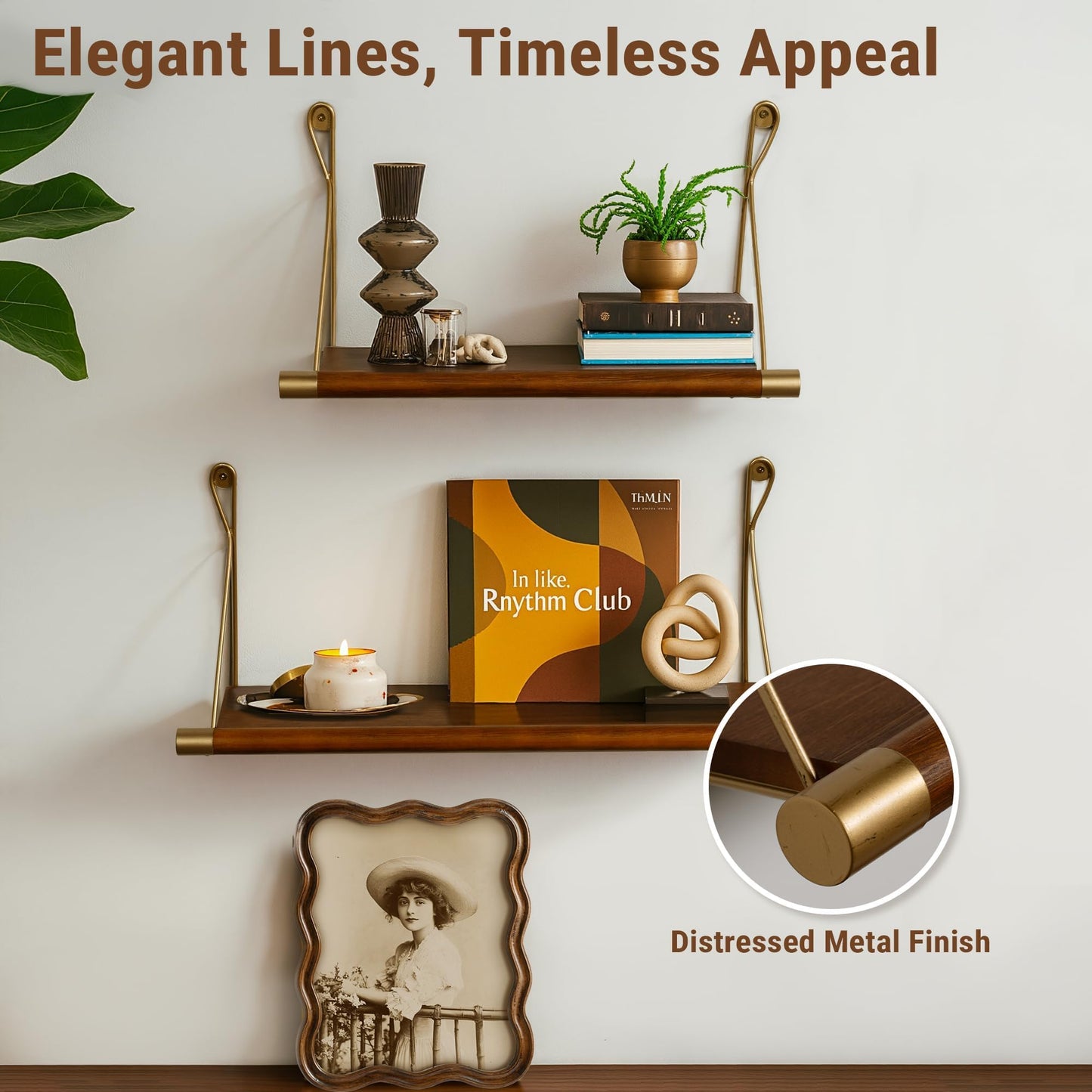 Afuly Mid Century Modern Decor Walnut Floating Shelves for Wall Mounted Shelf Unit Solid Wood Rustic Decorative Shelving Living Room Bedroom Coffee Bar Bathroom Display Plant Photo 24in&20in