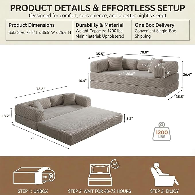 78" 4-in-1 Convertible Sofa Bed, Boneless Corduroy Sleeper Couch