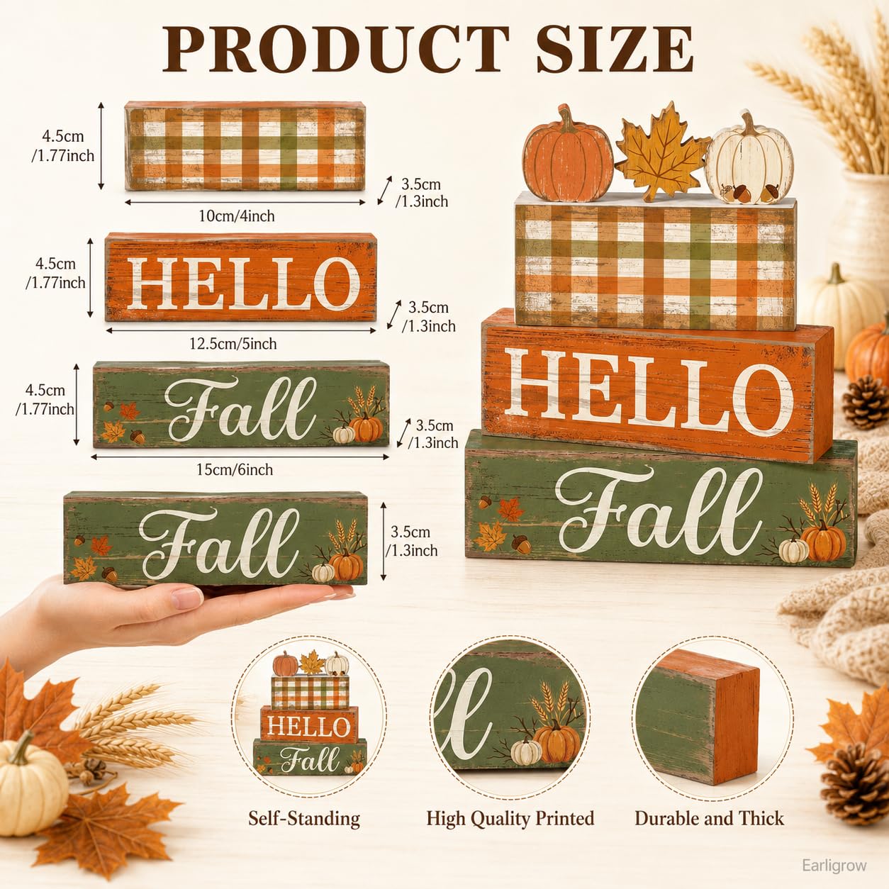 4 Pcs Fall Table Decorations, Hello Fall Tiered Tray Decor, Farmhouse Wooden Block Signs with Pumpkin & Maple Leaf, Rustic Buffalo Plaid Thanksgiving Tabletop Centerpiece for Home Kitchen Shelf
