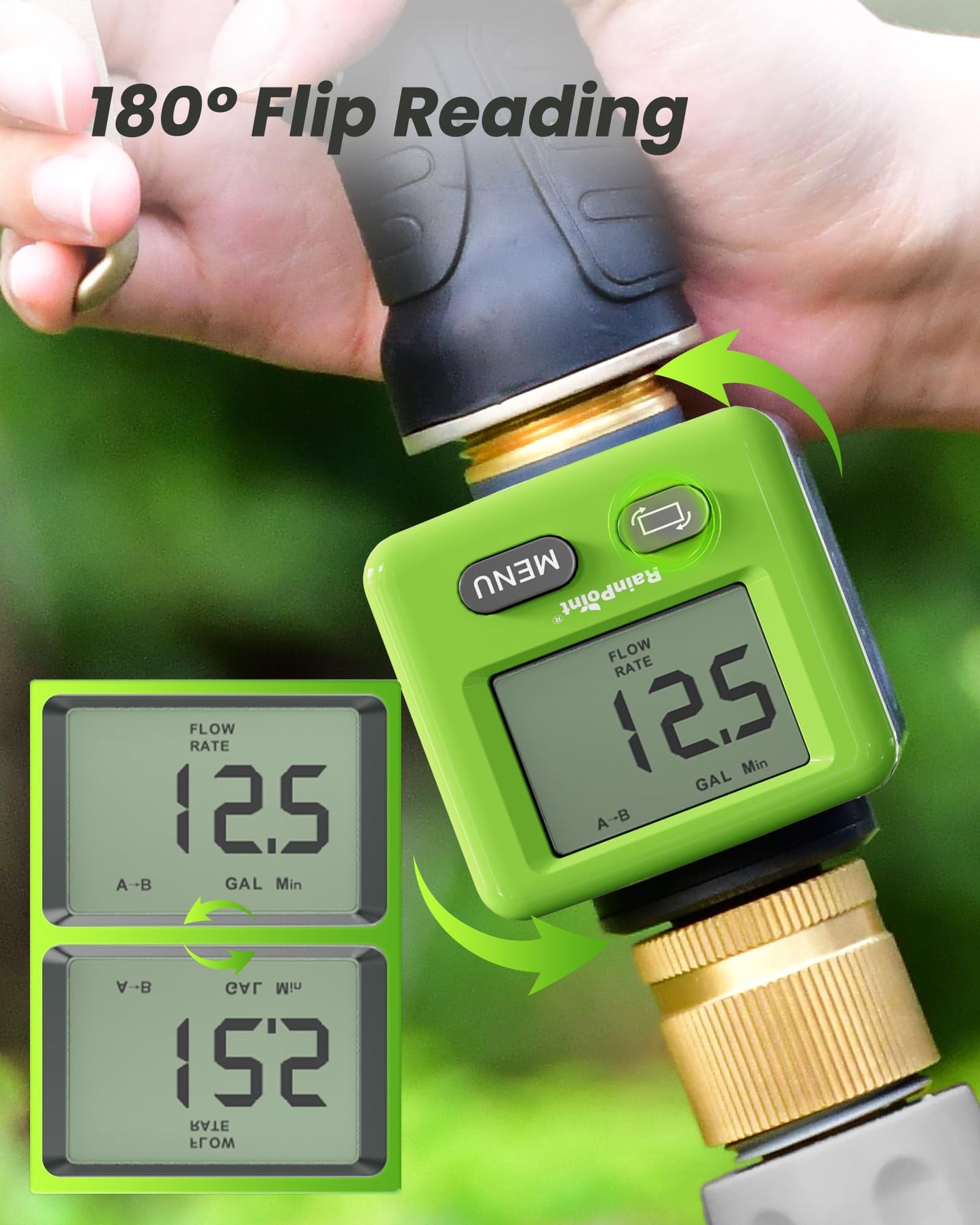 RAINPOINT Water Flow Meter, ±5% Accuracy, Pure Brass Inlet & Outlet Water Meter, 180° Screen-Flip, 4 Measure Modes for Outdoor Garden Hose, Lawn Sprinkler Watering, RV Water Tank Filling, Green