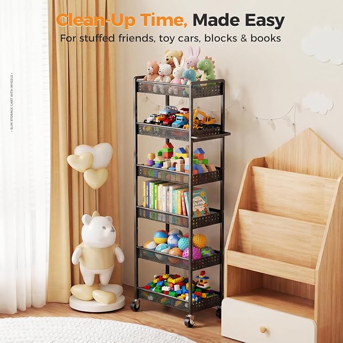 6 Tier Slim Storage Cart with Wheels, 10" D Rolling Storage Cart for Small Space, Metal Narrow Spice Cabinet Mobile Shelving Unit Organizer with Handle for Kitchen, Laundry - Black