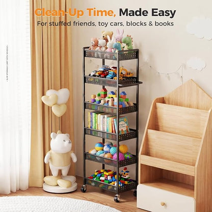6 Tier Slim Storage Cart with Wheels, 10" D Rolling Storage Cart for Small Space, Metal Narrow Spice Cabinet Mobile Shelving Unit Organizer with Handle for Kitchen, Laundry - Black