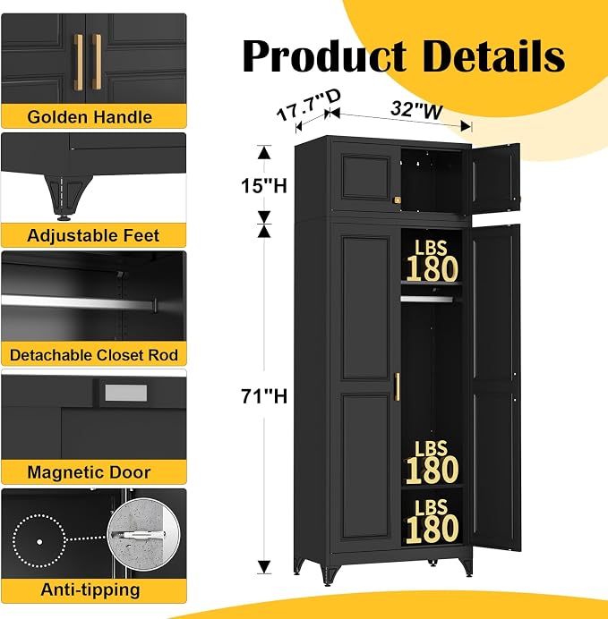 SteeLoong 86" Metal Armoire Wardrobe Closet with Doors,BlackTall Clothing Storage Cabinet with Adjustable Shelves and Hanging Rod,Wardrobe Closet for Bedroom,Home,Office,Gym