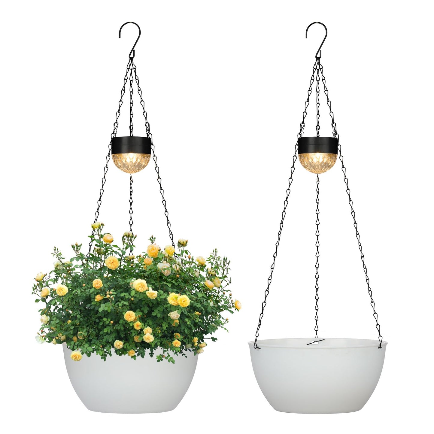 SUNNYPARK 2 Packs Hanging Planters Basket for Outdoor Plants, Solar Powered Self Watering White Round Plastic Flower Pots with Drainer for Balcony Patio Garden Outdoor Decoration