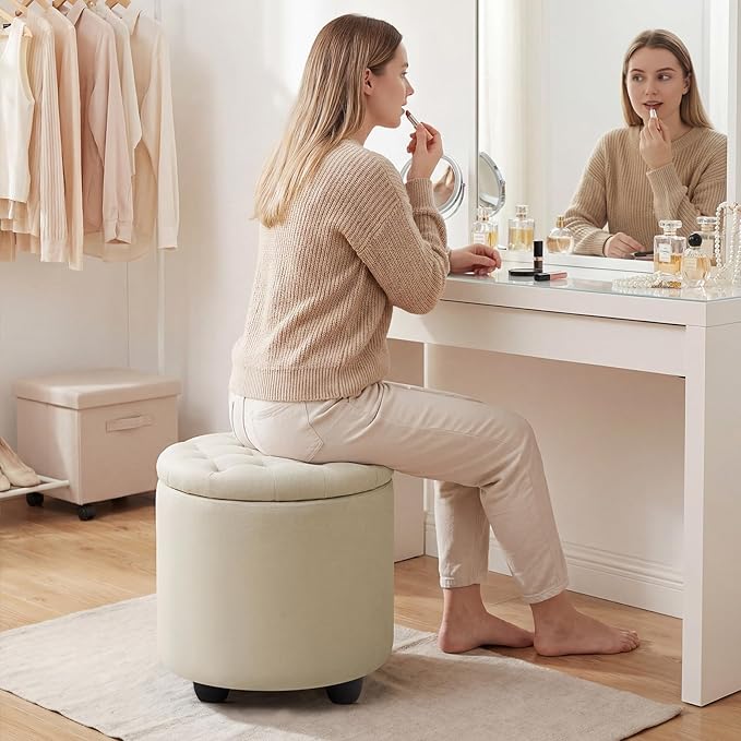 Furniliving Modern Round Storage Ottoman, Button Tufted Ottoman Foot Stools