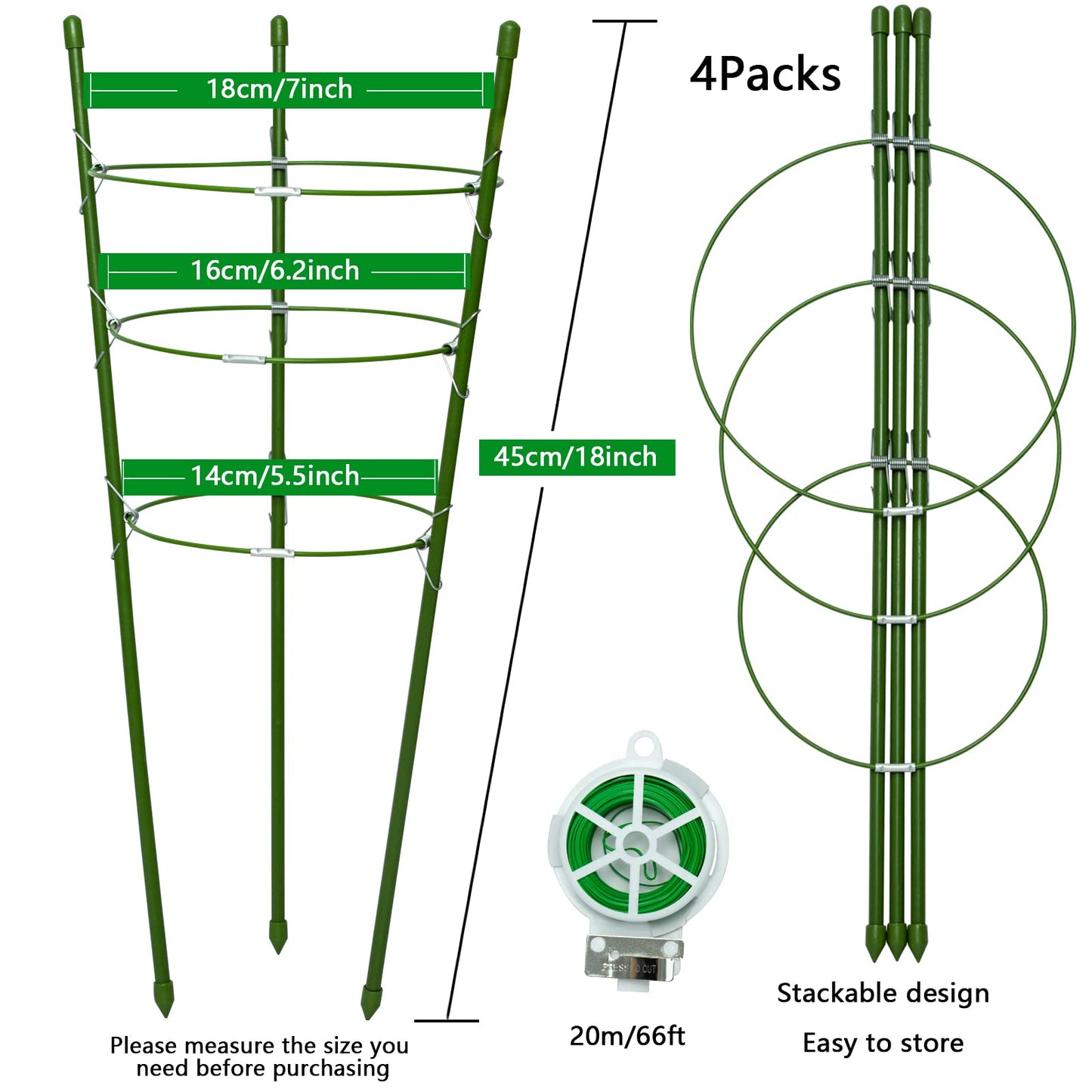 18" Small Plant Support Tomato Cages, 4 Pack Adjustable Garden Trellis for Indoor Outdoor Climbing Plants, Peony Flower Stakes with 66ft Garden Twist Ties, Green Metal Plant Cages for Pots & Garden