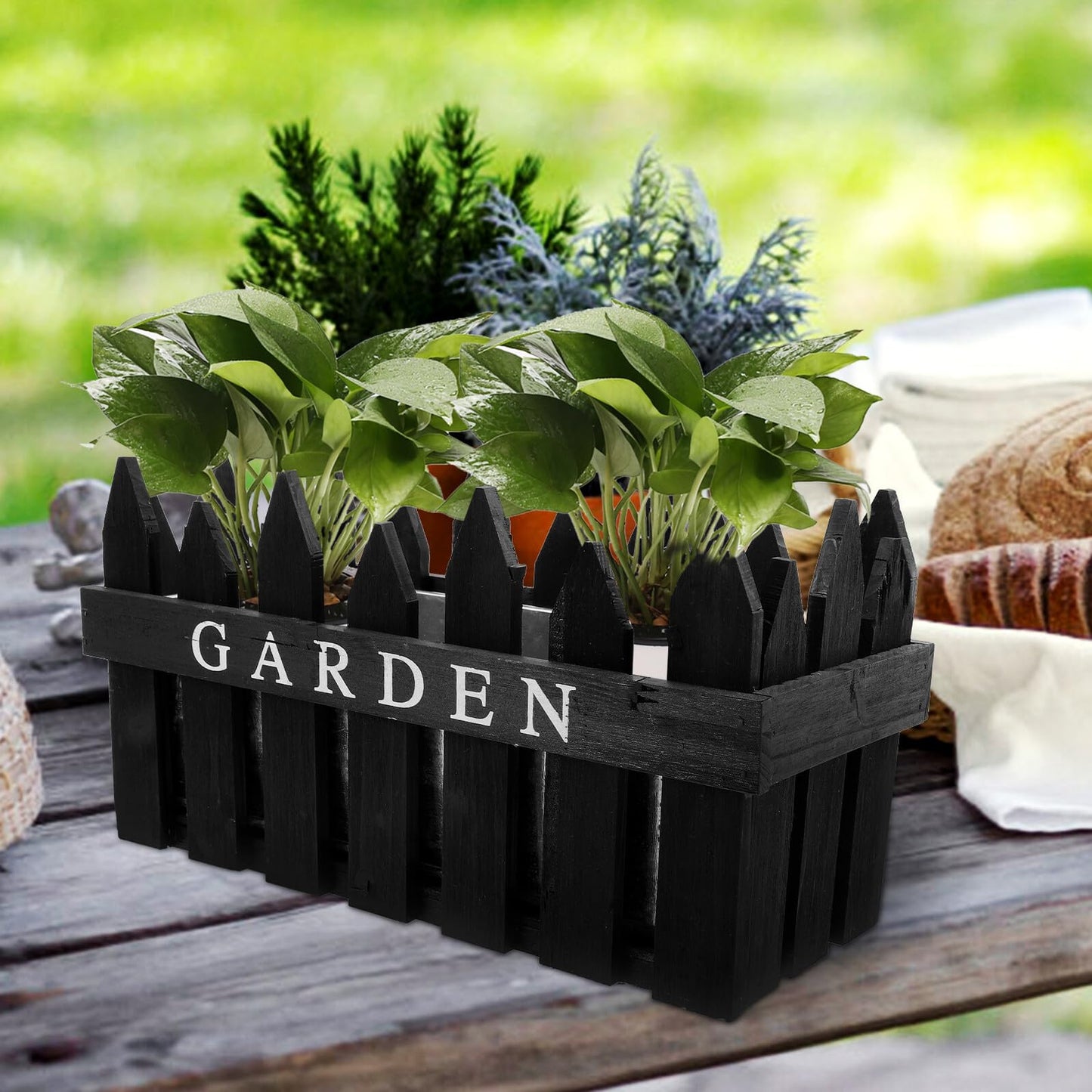 Angoily Creative Wooden Fence Flowerpot Planter Box for Balcony and Garden, Rectangular Black Wood Plant Container, Decorative Green Plant Pot for Outdoor Patio Use