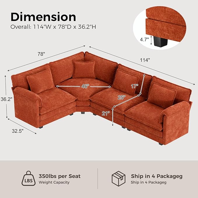 ELUCHANG 114" Oversized V-Shaped Cloud Couch Modular Sectional Sofa