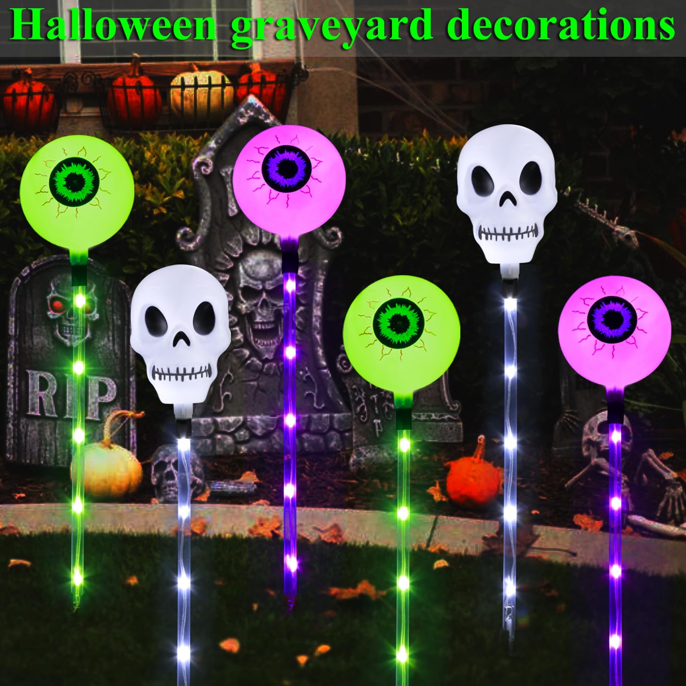Mankinlu Halloween Decorations Outdoor Solar Garden Lights,6 Pack Scary Eyeball Skull Outside Decor,8 Modes Solar Halloween Lights for House Grave Patio Yard Lawn Pathway Halloween Party Ghost Decor