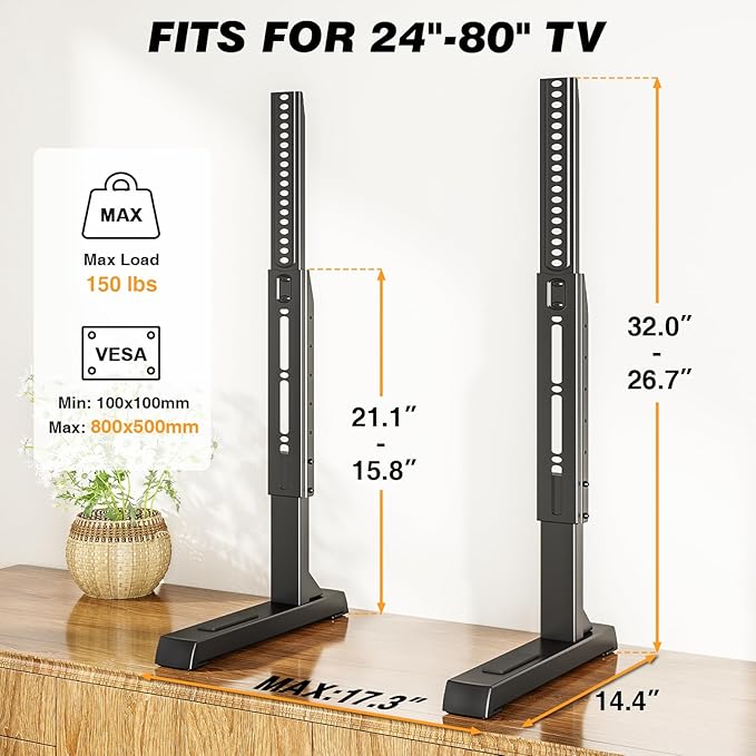 Universal TV Stand Mount for 24-80 inch Flat or Curved TVs, Height Adjustable