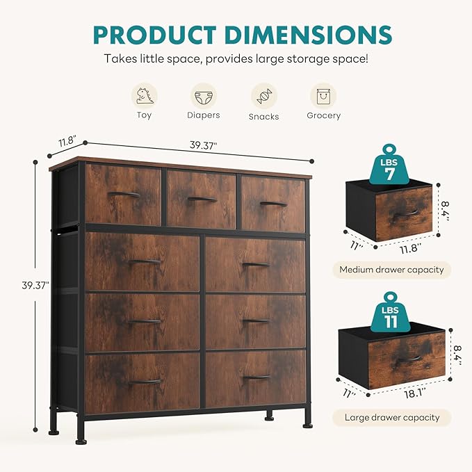 OLIXIS Dresser for Bedroom, 9 Storage Drawers, Wide Fabric Closet Chests