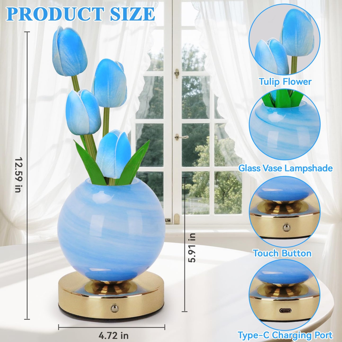 Strackvial Tulip Table Lamp, Rechargeable Cordless Touch Dimming Artificial Tulip Flower Desk Lamp, LED Flower Bedside Night Light Romantic Gifts for Girl Women Mom (Blue)
