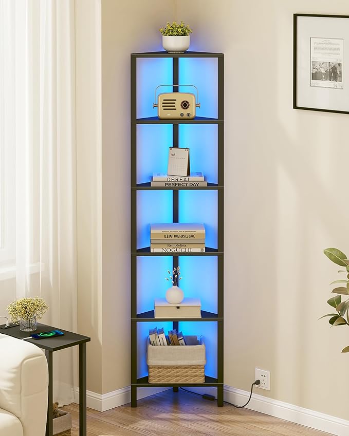 TUTOTAK Corner Shelf with LED Light, 6-Tier Corner Bookshelf