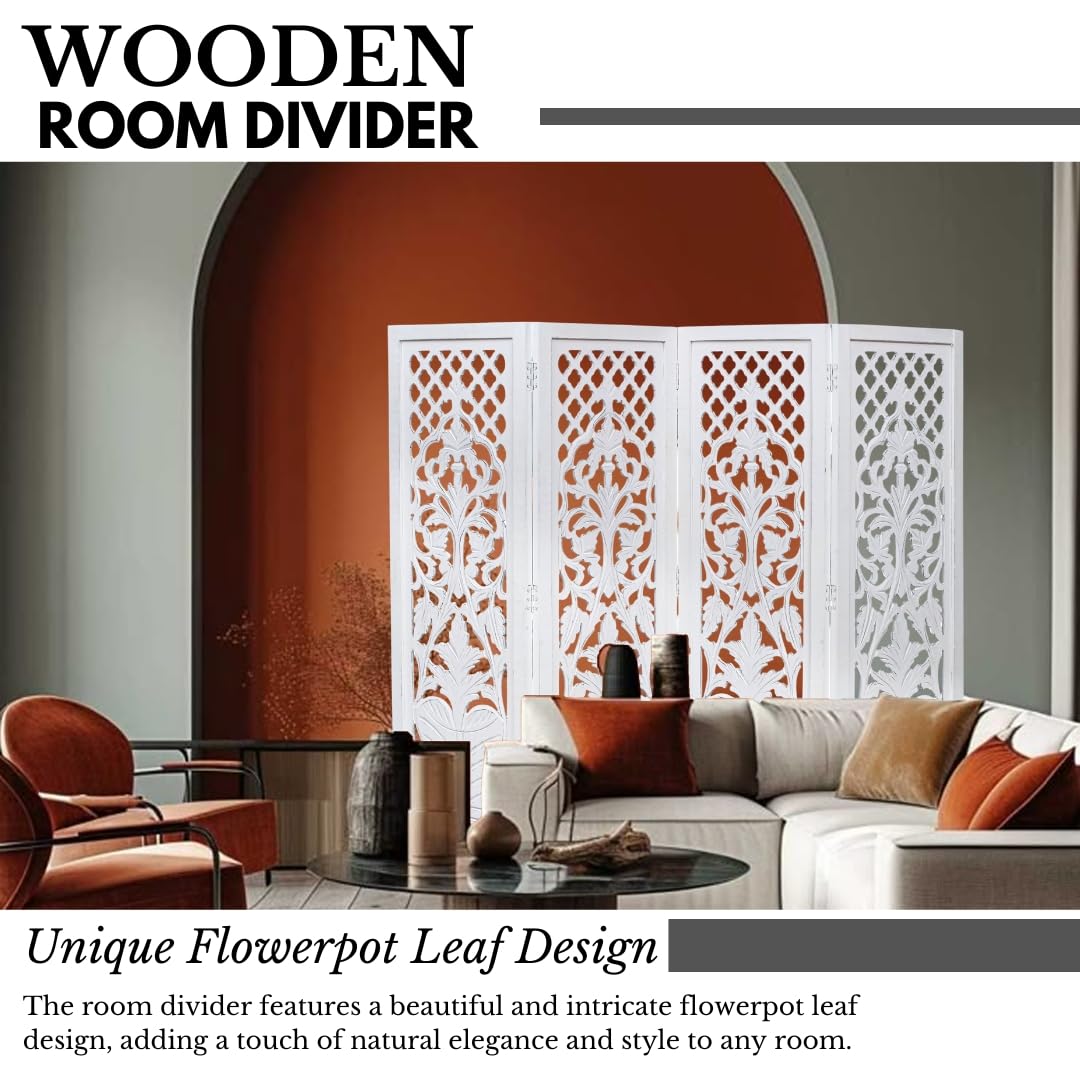Room Divider Wood Screen Panel – White, 4-Panel Folding 64"x54", Hand-Carved, Reversible Privacy Partition, Decorative & Functional Portable Room Divider for Home or Office