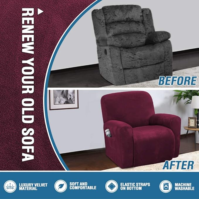 H.VERSAILTEX Velvet Stretch Recliner Couch Covers 4-Pieces Style Recliner Chair
