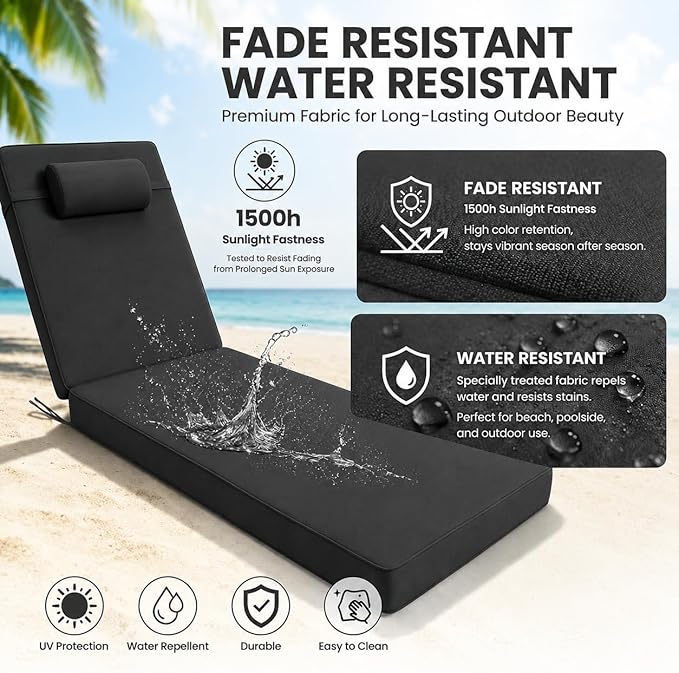 Chaise Lounge Cushion for Outdoor Furniture, Waterproof, Fade-Resistant and