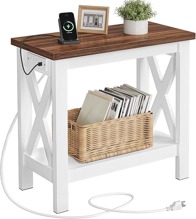 HOOBRO End Table with Charging Station, Farmhouse Narrow Side Table, 2-Tier
