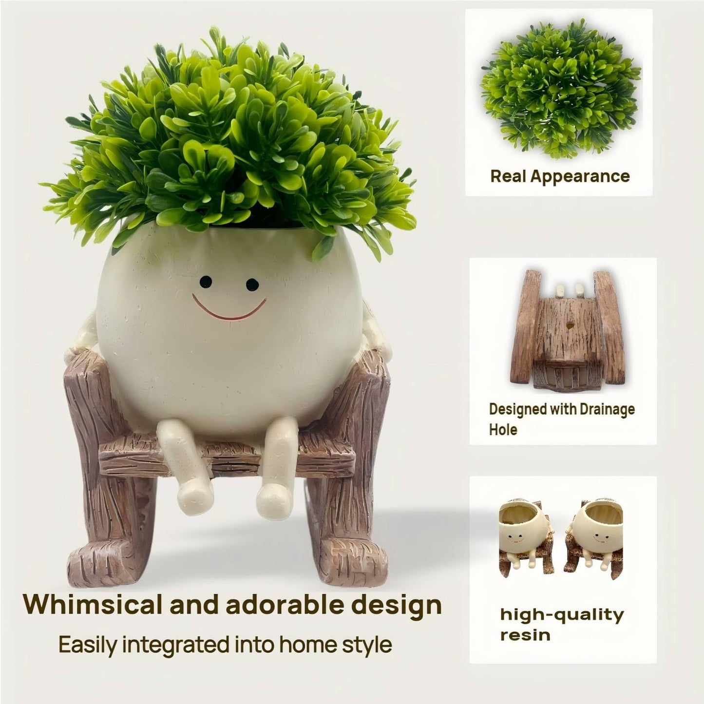 JaStara Dual-Purpose Small Fake Plants,Smiley Face Flower Pot Head Planter Include Detachable Fake Plant for Bathroom Kitchen Office Farmhouse Room Decor, Gift Ideal for Indoor Outdoor Decor