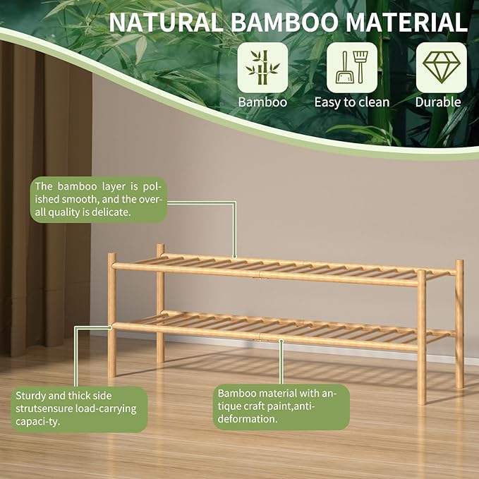 ROMGUAR CRAFT 2-Tier Bamboo Long Shoe Rack, Free Standing Wood Shoe Shelf