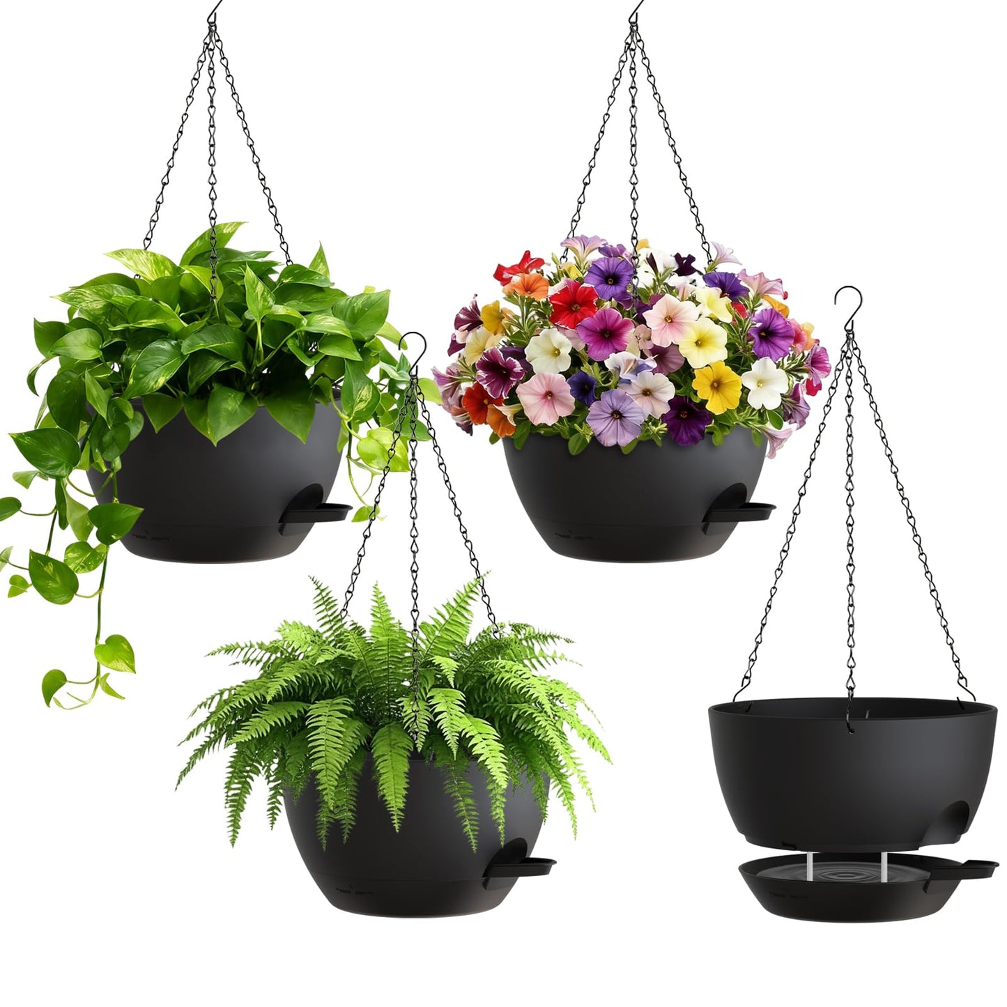 UOUZ 4 Pack 8 Inch Self Watering Hanging Planters for Indoor Outdoor Plants，Hanging Pots for Plants with Drainage Removable Tray, Hanging Baskets Flower Pots for Ivy Pothos Spider Garden Porch Black