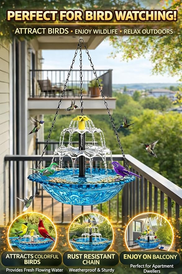 Solar Cascade Hanging Bird Bath Fountain, 2026 New Outdoor Hanging Bird Bath with Solar Fountain, Large Humming Birds Baths Fountains, with Solars Pump & Glass Bowl, for Outdoor, Gardens (#7)
