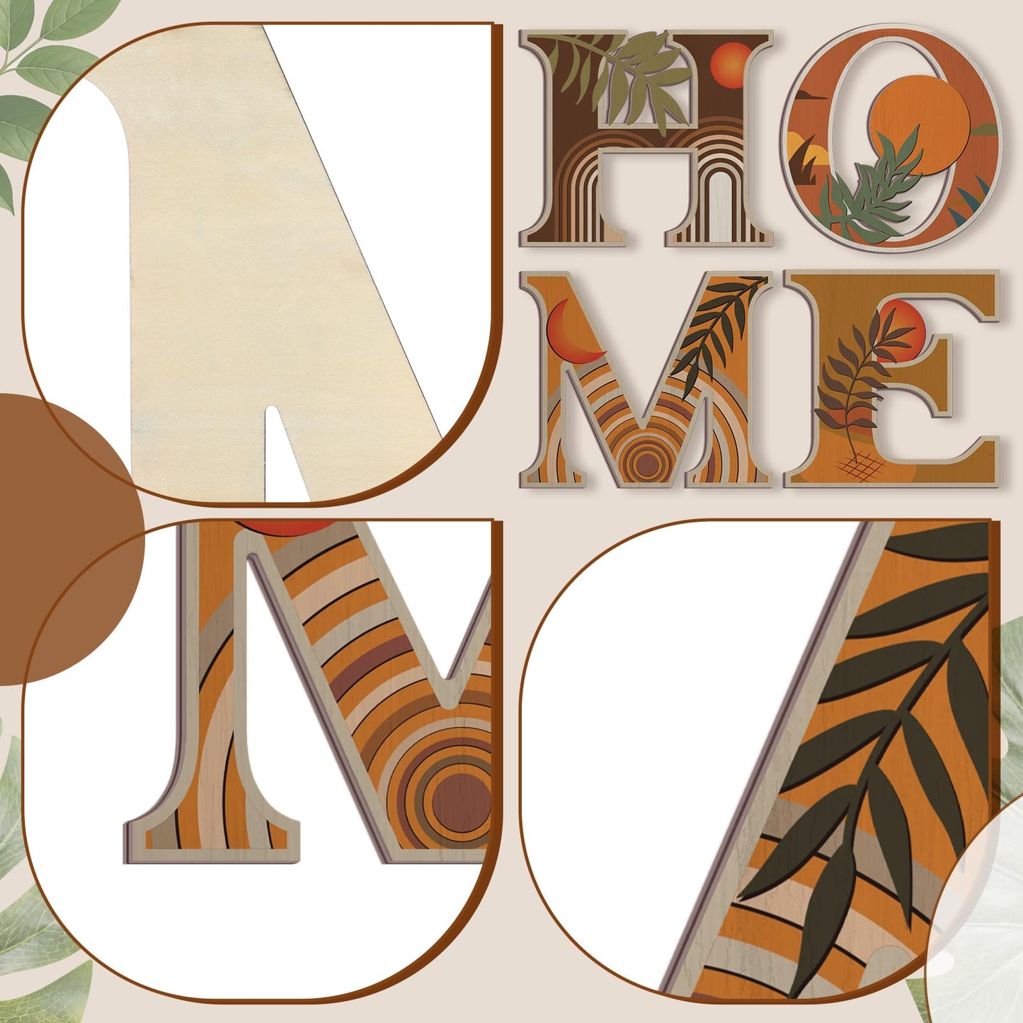 Honoson 4 Pcs Orange Boho Wall Art Decor Aesthetic Wood Home Letters Sign Hanging Orange Abstract Wall Art Rustic Farmhouse Geometric Sun Moon Leaves for Decorative Living Room Kitchen Bedroom