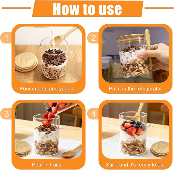 Overnight Oats Containers With Lids and Spoons, 2pack Glass Jars with Bamboo Lids, Leak-Proof Overnight Oats Jars for Cereal, Yogurt, Chia Pudding