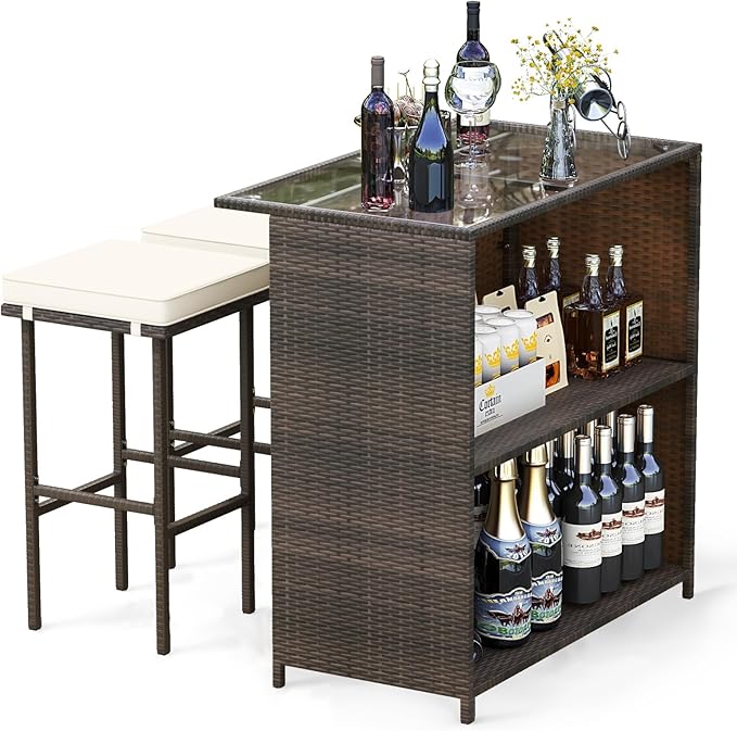 Tangkula Patio Bar Set, 3 Piece Outdoor Rattan Wicker Bar Set