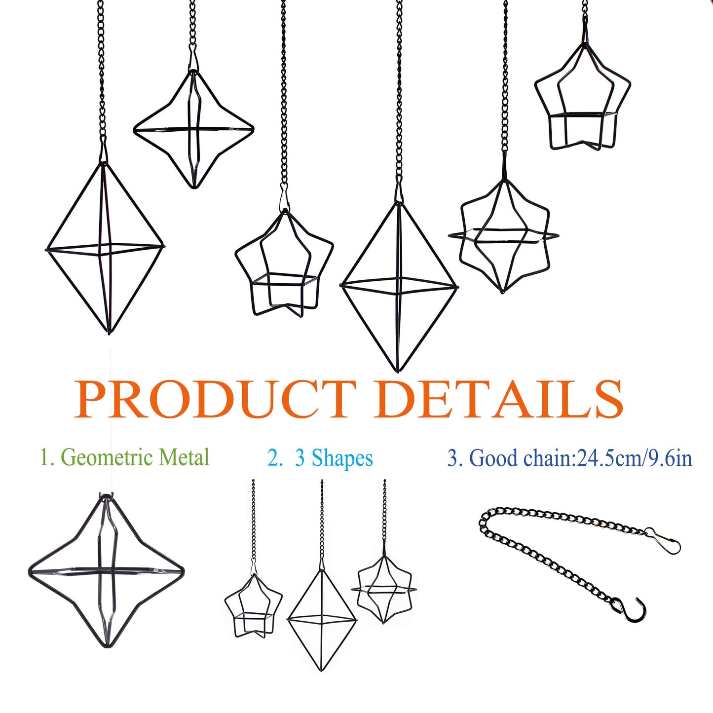 libproqia Geometric Air Plant Hanger 6 Pack Black Metal, 3 Shapes & 2 Sizes with Detachable Chains, Modern Himmeli Wall Hanging Planter for Tillandsia Indoor Home Decor