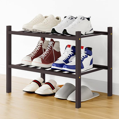 Smiry Small Bamboo Shoe Rack, 2 Tier Free Standing Wooden Shoe Organizer, Stackable Wood Shoe Storage Shelf for Closet, Entryway, 12 Vertical Slats, One-piece Standard Legs, 17.3"x11"x13", Brown