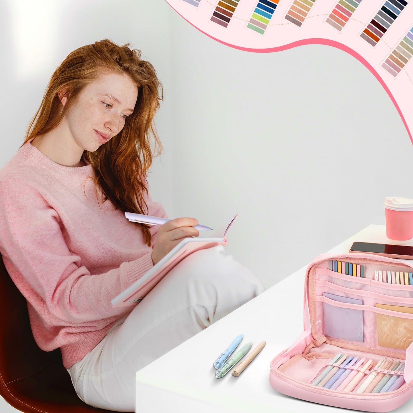 Trandraft 135 Pcs Book Annotation Kit Aesthetic Pencil Case Bag 12 Highlighter 11 Gel Pen 1 Marker 300 Sheet Transparent Sticky Notes Pad 2640 Index Stickers Bible Study Supplies (Kawaii,Pink)