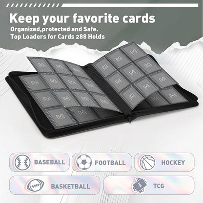 Toploader Binder,Trading Card Binder Storage Hold up 288 Cards 9-Pocket Top Loader Binder with Sleeves for 3"x4" Rigid Toploaders Hard Cases (9Dark Grey)