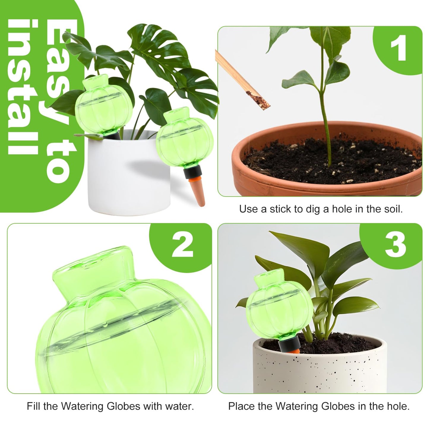 Ansberta 4 Pcs Plant Self Watering Globes, 17oz Large Plastic Water Bulbs Top Fill Watering Globes Slow Release Terracotta, Water Spikes Stakes for Indoor and Outdoor Plants (Green)