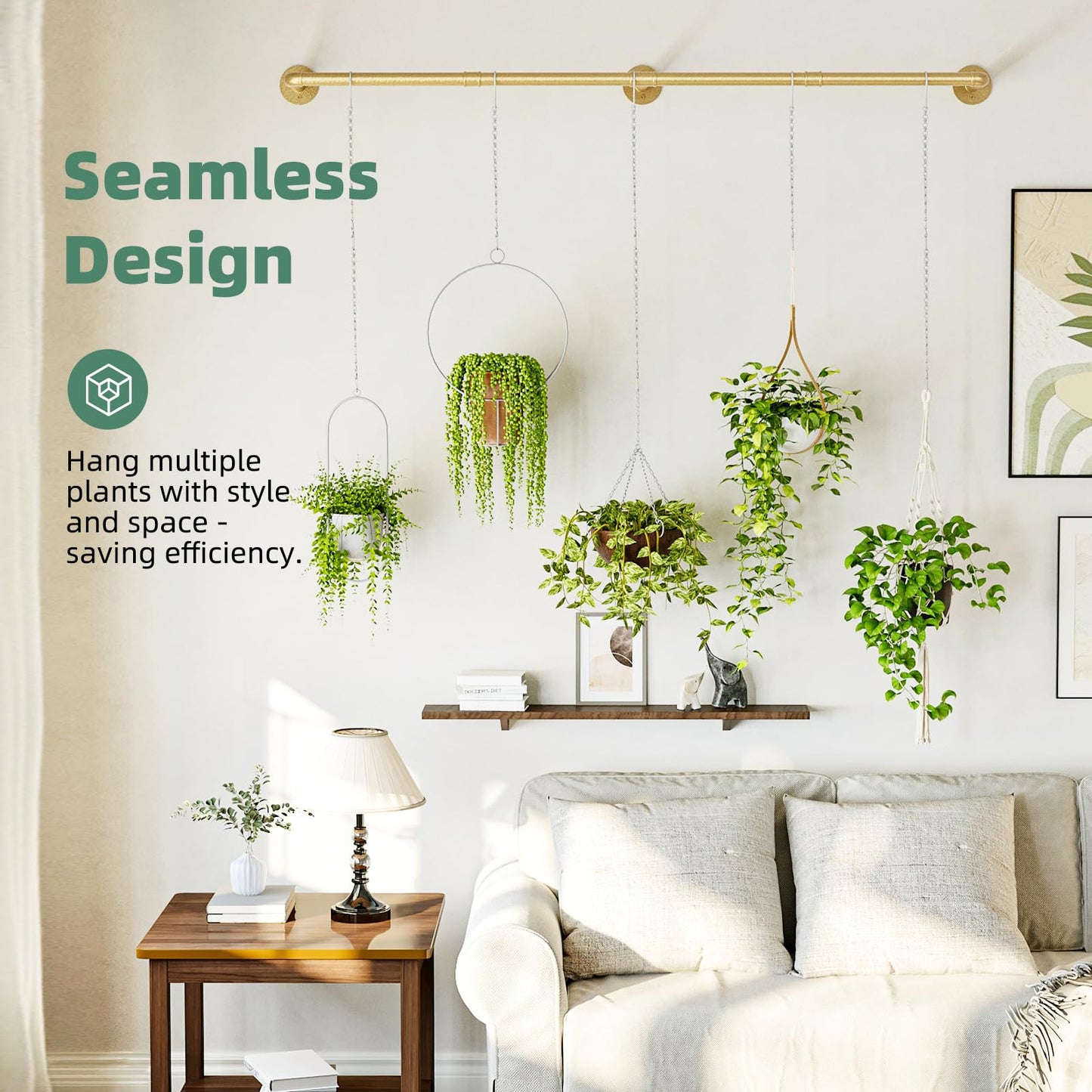 Plant Hanger Indoor Hanging Planters for Indoor Plants Hanging Plant Holder Window Plant Rod Gold Metal Shelves 63 Inch (Pot/Chains not Included