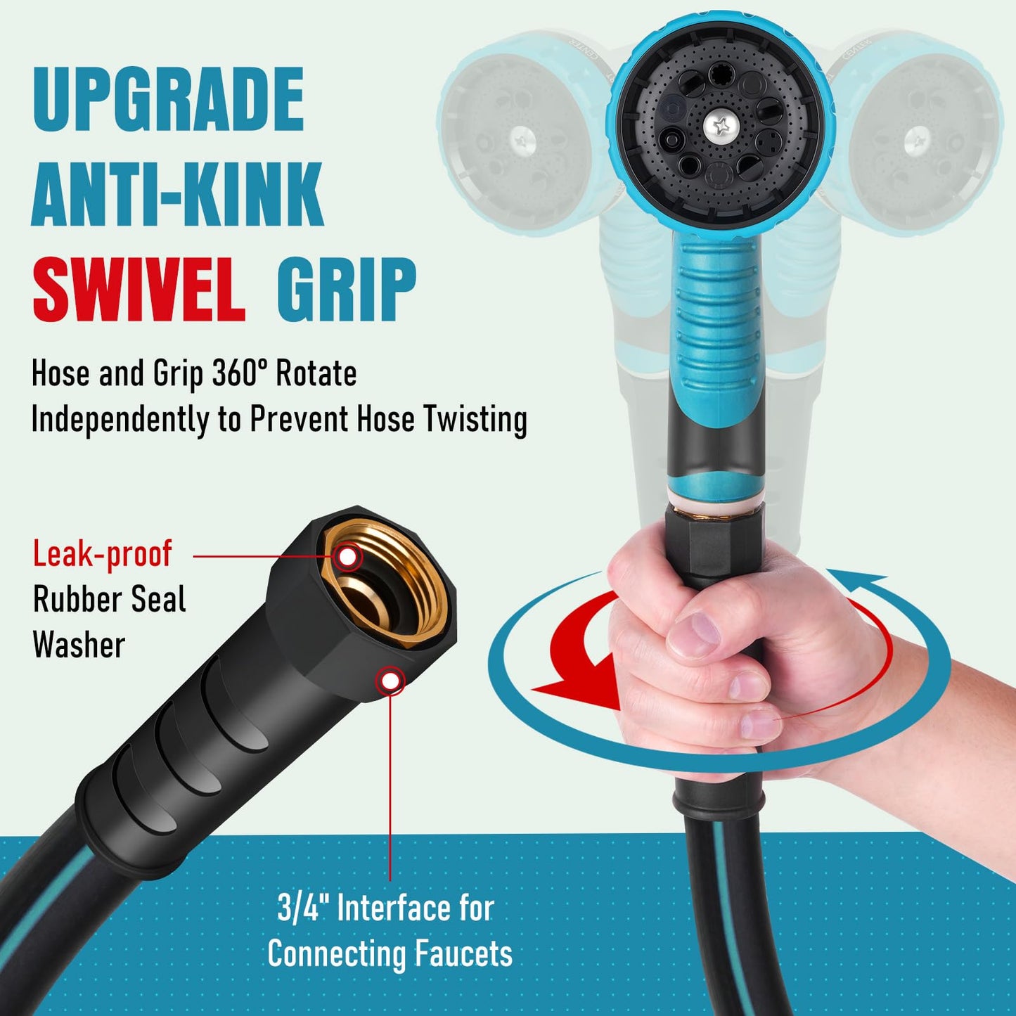 Garden Hose 25 ft x 5/8" with Nozzle, Water Hose Heavy Duty Flexible, Lightweight Kink-less Hybrid Hose with Swivel Handle, Male to Female Fittings