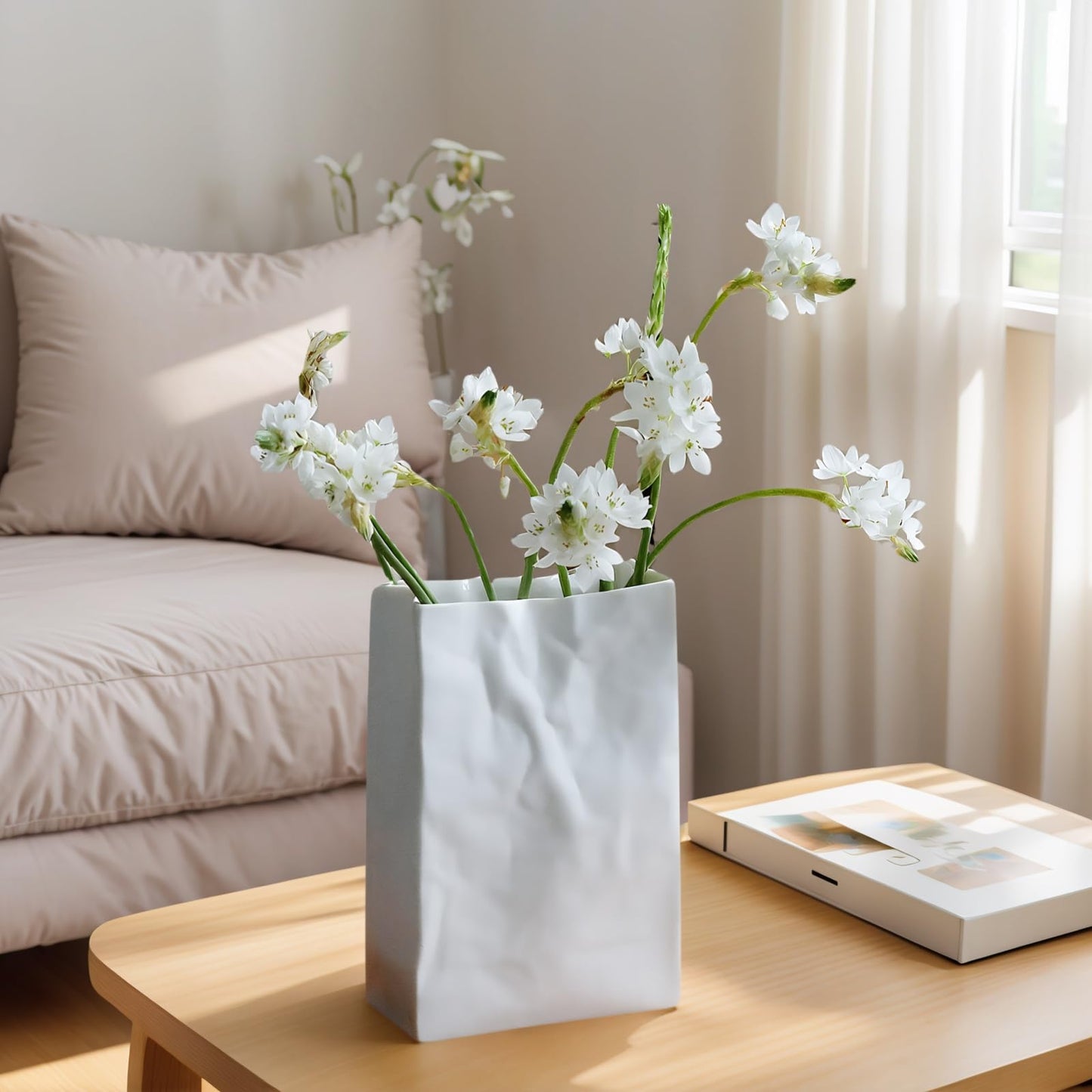 Pumtus Crinkle Paper Bag Ceramic Vase, 7.5 Inch Unique Flower Vase, White Matte Square Wide Mouth Pleated Planter, Minimalist Boho Pot for Flower Arrangement Table Centerpiece Home Office Decor