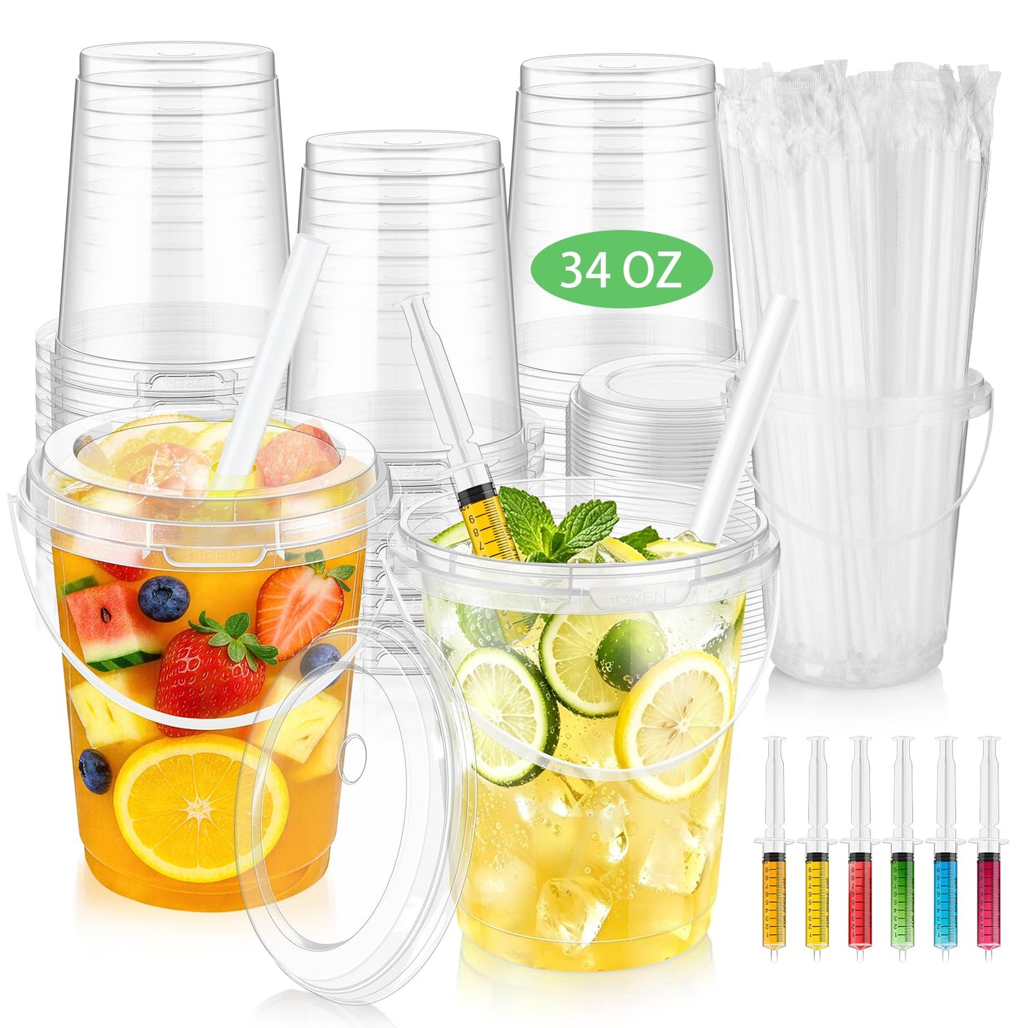34oz Drink Buckets with Lids & Straws, 30 Pack Clear Party Buckets