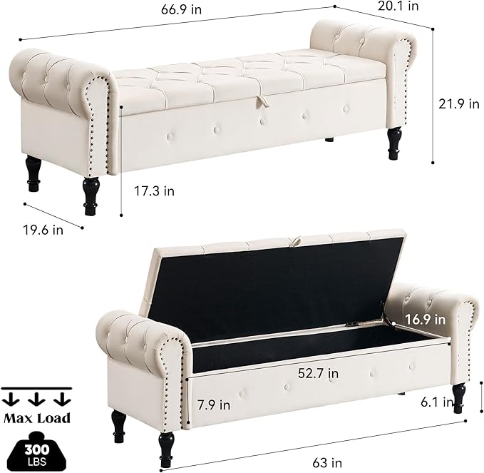 Storage Bench for Bedroom, Velvet 67" End of Bed Bench, King Size Bench