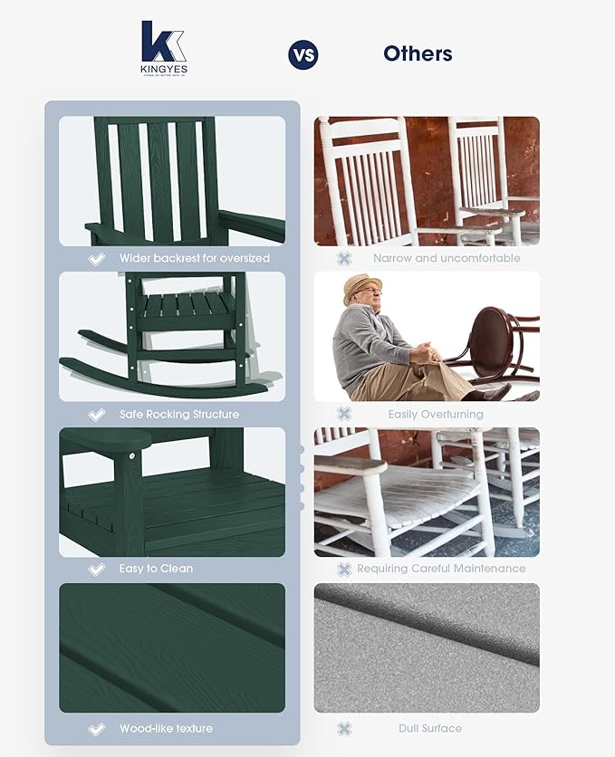 KINGYES Oversized Outdoor Rocking Chair Set of 2, All-Weather Patio Rocking